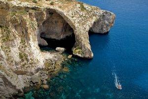 sea, Cliff, Cave, Island, Malta, Water, Boat, Blue, Coast, Beach, Nature, Landscape