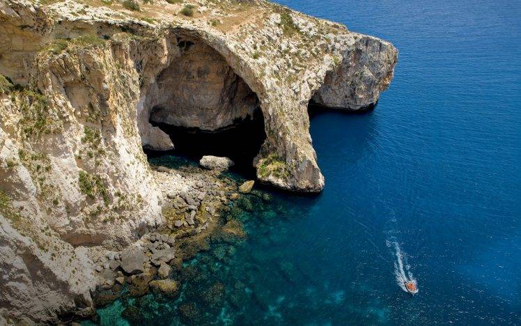 sea, Cliff, Cave, Island, Malta, Water, Boat, Blue, Coast, Beach, Nature, Landscape HD Wallpaper Desktop Background