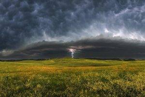 lightning, Storm, Field, Clouds, Landscape, Nature