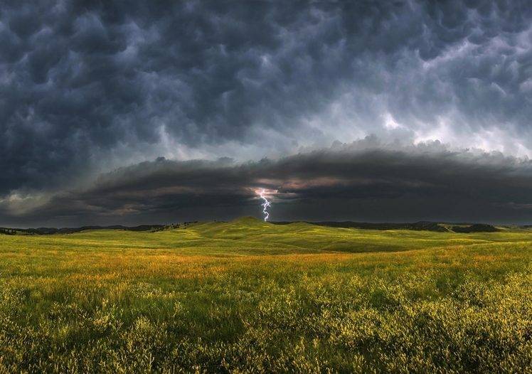 lightning, Storm, Field, Clouds, Landscape, Nature HD Wallpaper Desktop Background