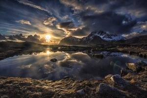 Lofoten, Norway, Sunset, Mountain, Clouds, Lake, Snowy Peak, Water, Landscape, Nature