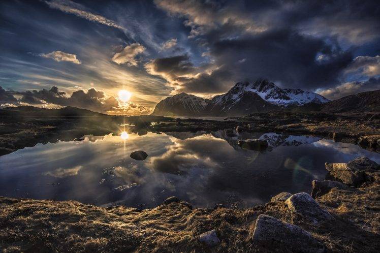 Lofoten, Norway, Sunset, Mountain, Clouds, Lake, Snowy Peak, Water, Landscape, Nature HD Wallpaper Desktop Background