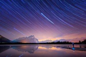 long Exposure, Starry Night, Lake, Banff National Park, Canada, Mountain, Snowy Peak, Reflection, Water, Nature, Landscape