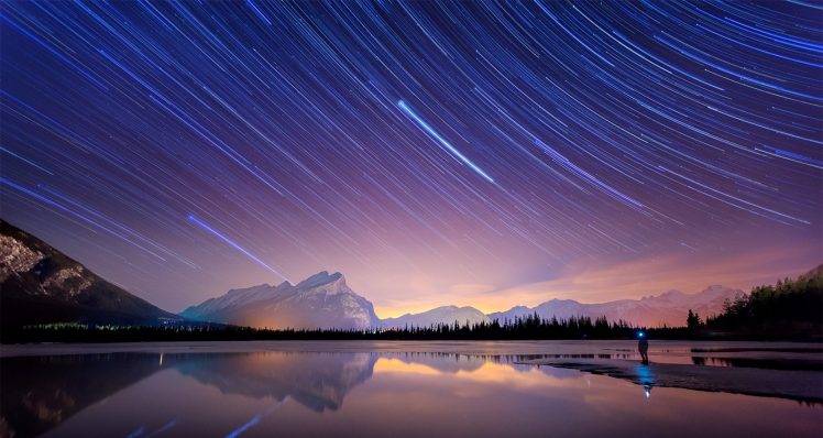 long Exposure, Starry Night, Lake, Banff National Park, Canada, Mountain, Snowy Peak, Reflection, Water, Nature, Landscape HD Wallpaper Desktop Background