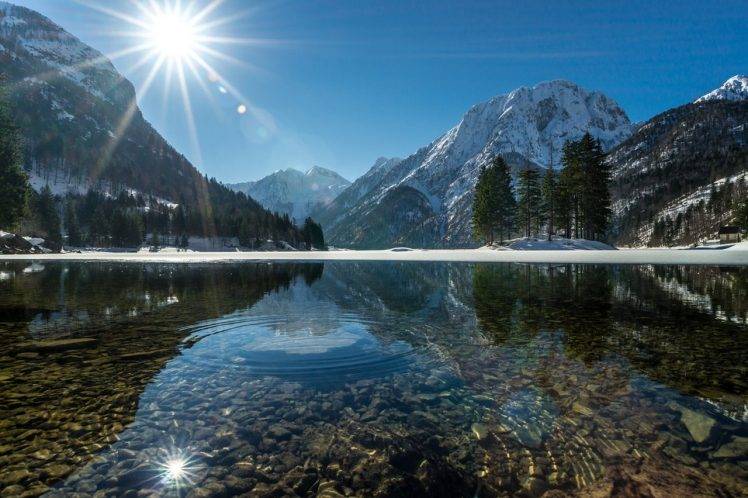 lake, Forest, Mountain, Water, Snowy Peak, Sun Rays, Nature, Landscape HD Wallpaper Desktop Background