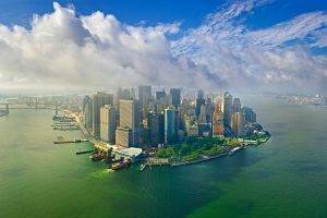 skyscraper, New York City, Manhattan, Cityscape, Clouds, Pier, Water, Aerial View, Landscape