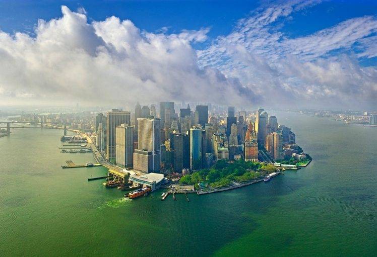 skyscraper, New York City, Manhattan, Cityscape, Clouds, Pier, Water, Aerial View, Landscape HD Wallpaper Desktop Background
