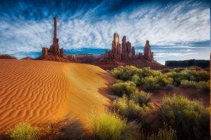 dune, Arizona, Shrubs, Rock, Clouds, Erosion, Nature, Landscape, Monument Valley