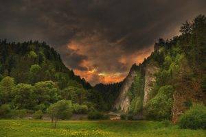 spring, River, Storm, Clouds, Forest, Hill, Trees, Grass, Wildflowers, Nature, Cliff, Landscape