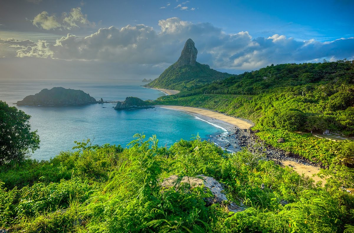 beach, Fernando De Norhona, Brazil, Sea, Island, Shrubs, Clouds, Tropical, Hill, Summer, Nature, Landscape Wallpaper