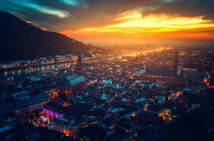 cityscape, River, Castle, Mountain, Sunlight, Sky Lanterns, Landscape, Heidelberg, Germany, City HD Wallpaper Desktop Background