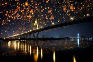 landscape, Bridge, Night, Sky Lanterns, Reflection