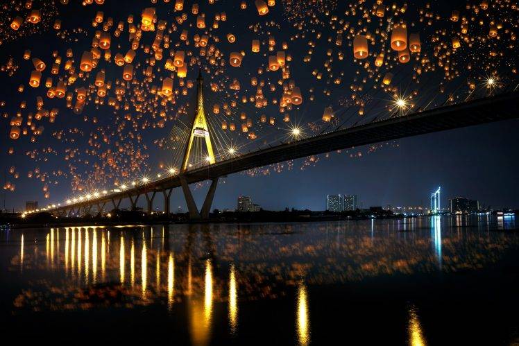landscape, Bridge, Night, Sky Lanterns, Reflection HD Wallpaper Desktop Background