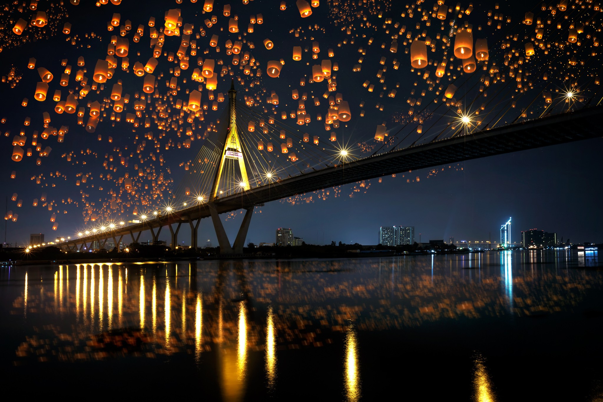landscape, Bridge, Night, Sky Lanterns, Reflection Wallpaper