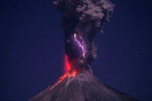nature, Landscape, Volcano, Lava, Smoke, Lightning, Night, Stars, Explosion, Eruptions, Long Exposure