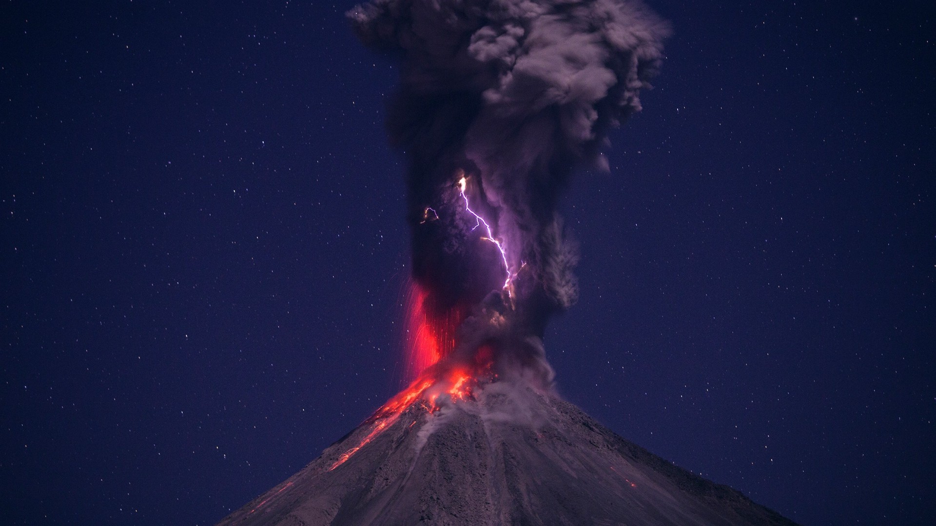 nature, Landscape, Volcano, Lava, Smoke, Lightning, Night, Stars, Explosion, Eruptions, Long Exposure Wallpaper
