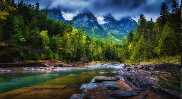 mountain, Clouds, Forest, River, Trees, Spring, Green, Nature, Landscape HD Wallpaper Desktop Background