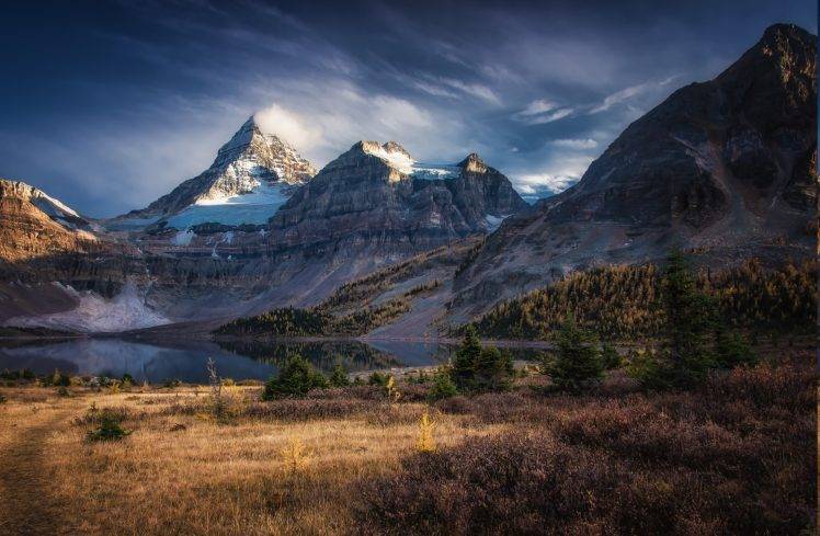 mountain, Forest, Lake, Fall, Sunset, Snowy Peak, Grass, Clouds, Path, Nature, Landscape HD Wallpaper Desktop Background