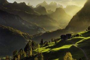 Switzerland, Sunrise, Mountain, Mist, Forest, Road, Grass, Green, Fall, Cabin, Alps, Landscape, Nature, Valley
