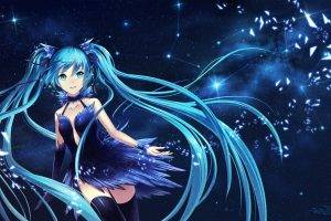 Vocaloid, Hatsune Miku, Blue Dress, Long Hair, Twintails, Thigh highs, Ribbon, Crying, Headphones, Space, Stars, Anime Girls, Anime