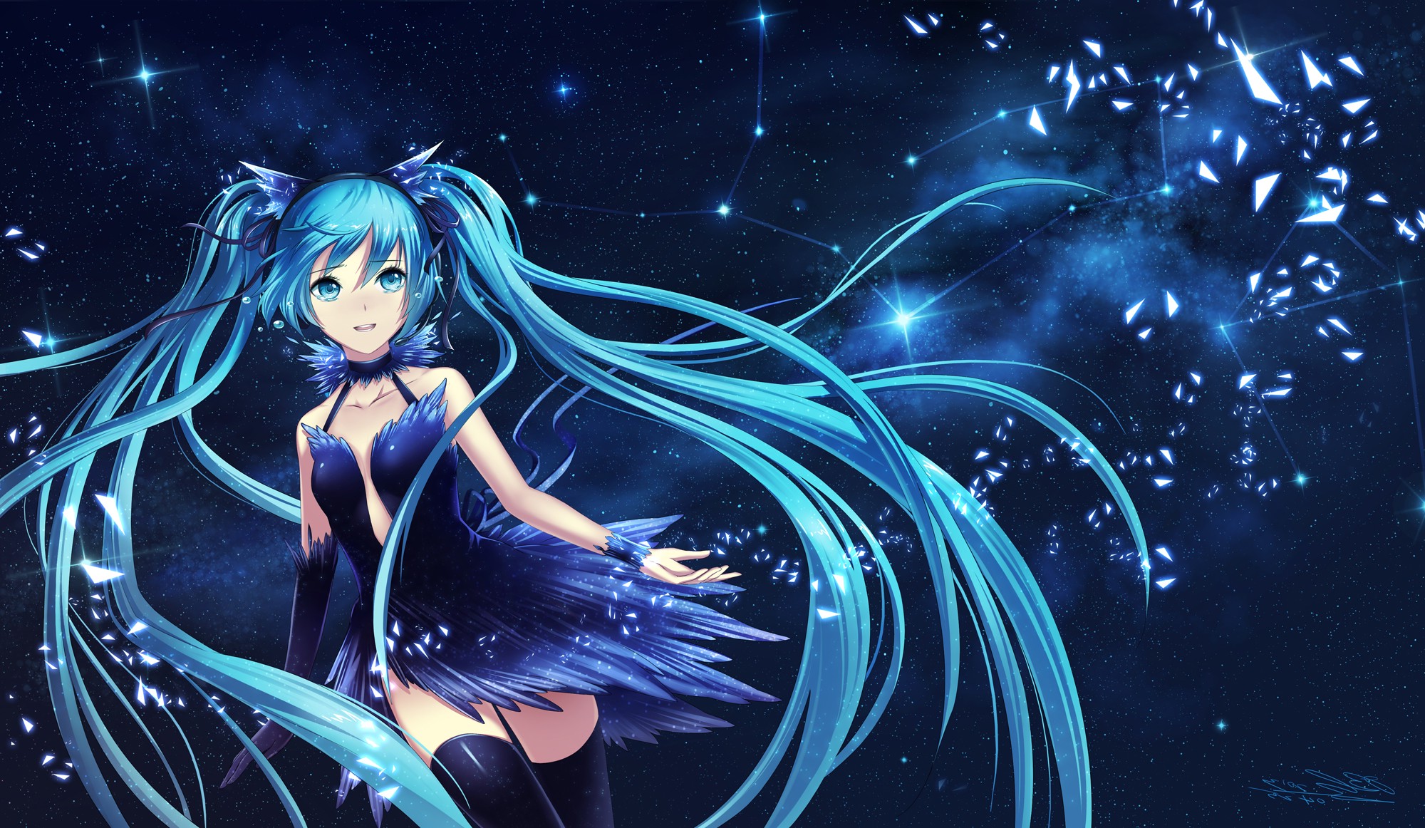 Vocaloid, Hatsune Miku, Blue Dress, Long Hair, Twintails, Thigh highs, Ribbon, Crying, Headphones, Space, Stars, Anime Girls, Anime Wallpaper