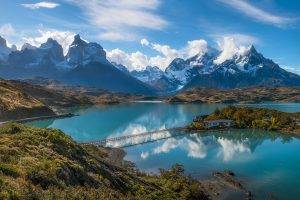 Torres Del Paine, Patagonia, Chile, Mountain, Lake, Shrubs, Road, Snowy Peak, Clouds, Hotels, Bridge, Water, Blue, Turquoise, Nature, Landscape