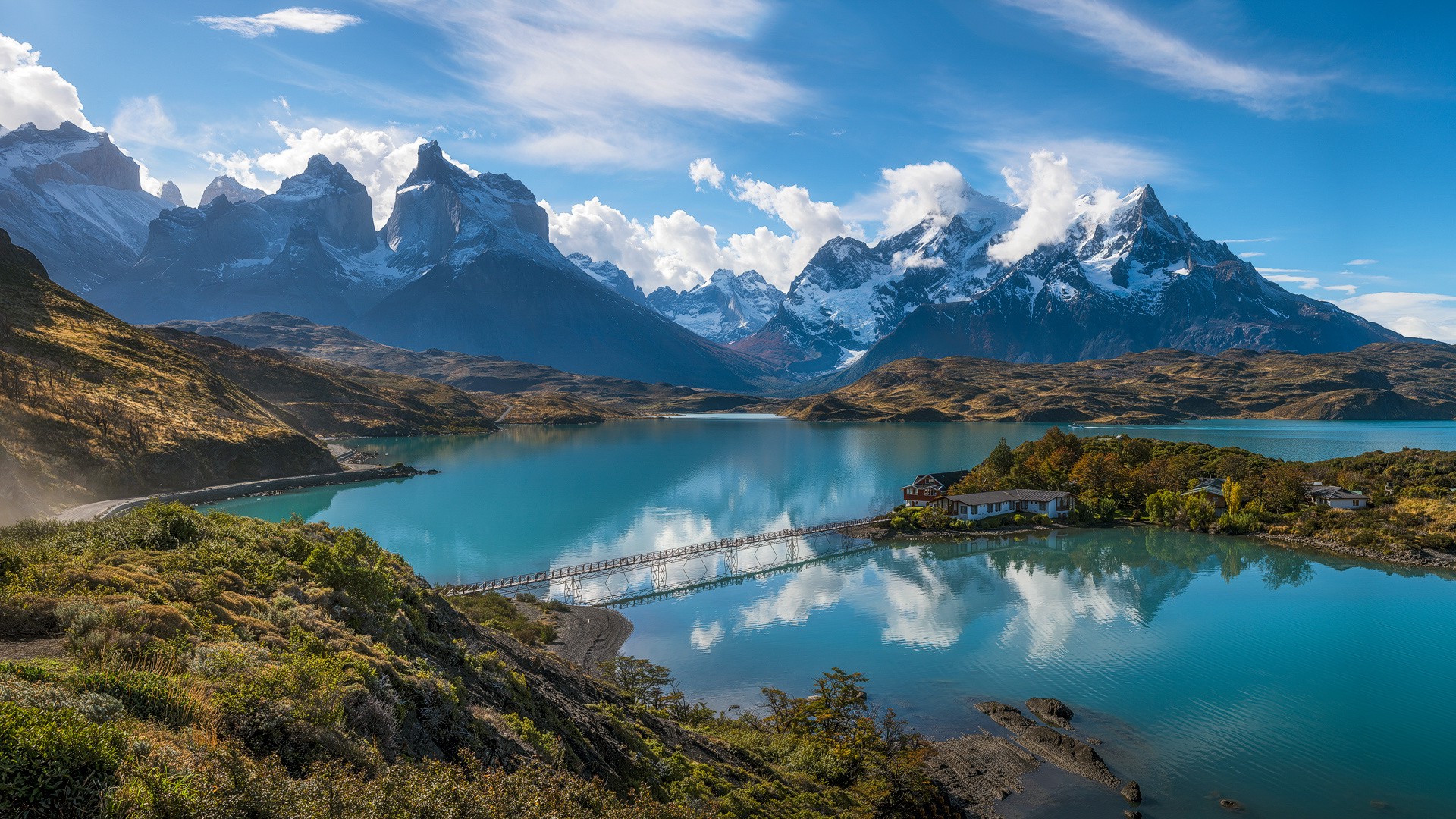 Torres Del Paine, Patagonia, Chile, Mountain, Lake, Shrubs, Road, Snowy Peak, Clouds, Hotels, Bridge, Water, Blue, Turquoise, Nature, Landscape Wallpaper