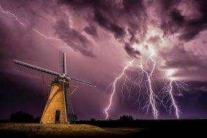 windmills, Lightning, Storm, Clouds, Night, Electricity, Nature, Landscape