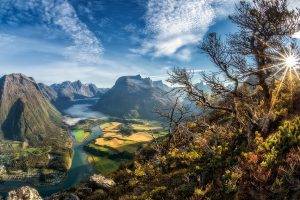 cityscape, Sun Rays, Valley, Trees, Mountain, River, Field, Clouds, Summer, Norway, Nature, Landscape