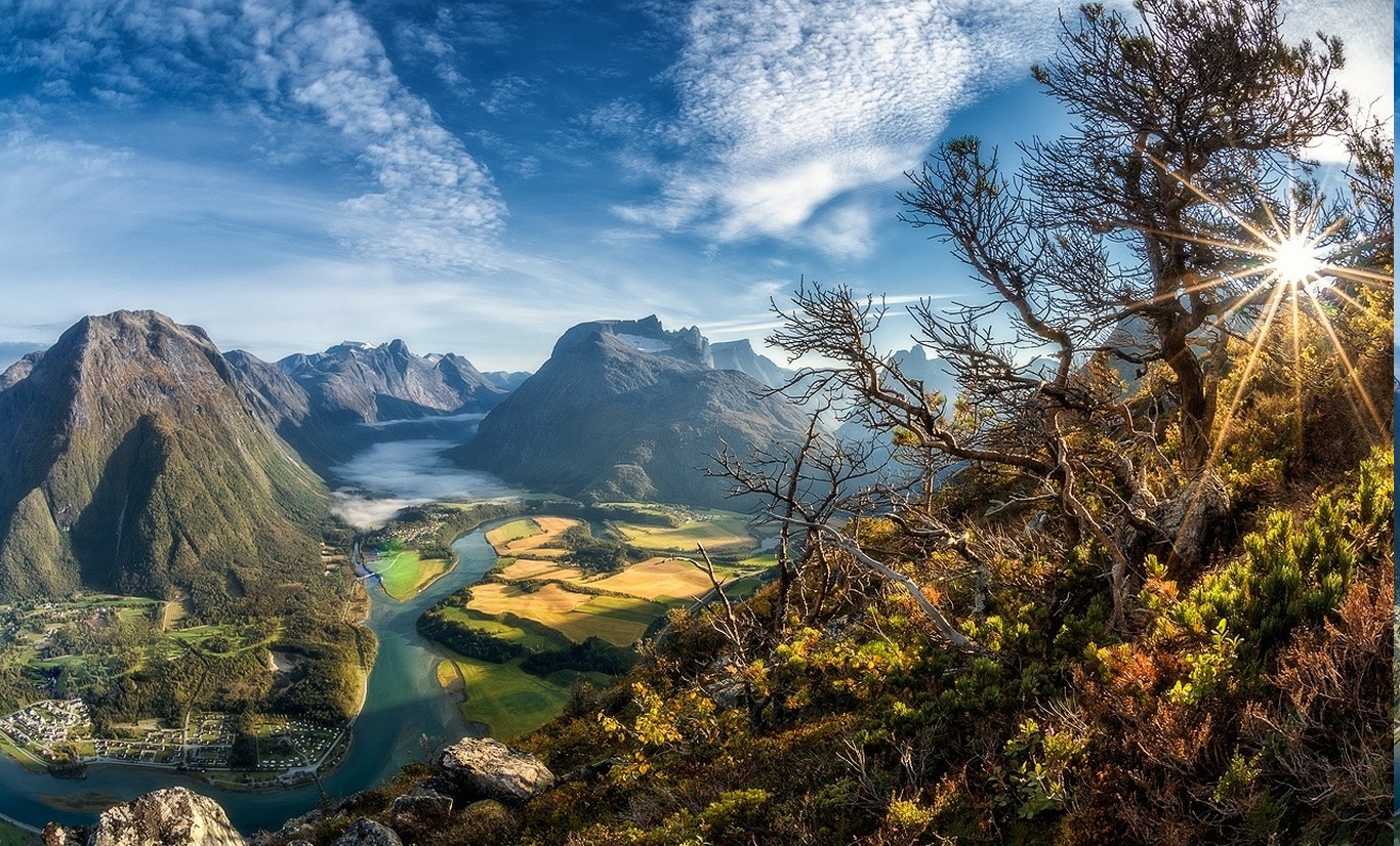 cityscape, Sun Rays, Valley, Trees, Mountain, River, Field, Clouds, Summer, Norway, Nature, Landscape Wallpaper