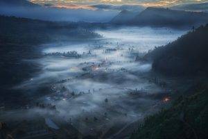 cityscape, Indonesia, Sunrise, Mist, Mountain, Clouds, Forest, Morning, Valley, Field, Blue, Nature, Landscape