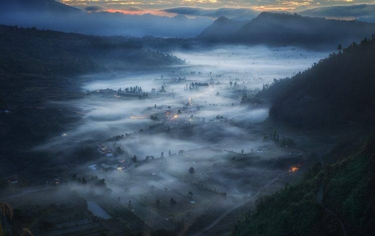 cityscape, Indonesia, Sunrise, Mist, Mountain, Clouds, Forest, Morning, Valley, Field, Blue, Nature, Landscape HD Wallpaper Desktop Background