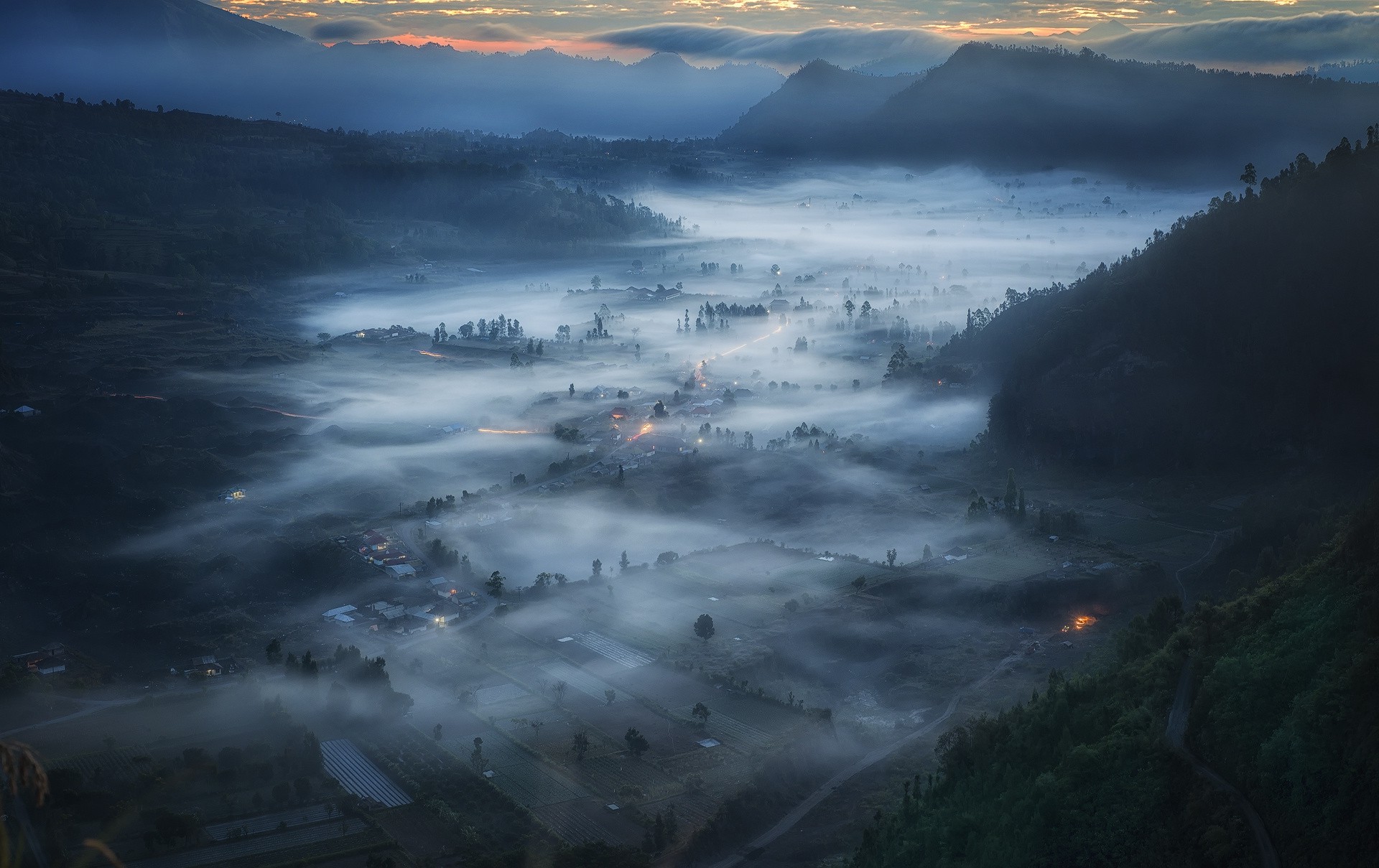 cityscape, Indonesia, Sunrise, Mist, Mountain, Clouds, Forest, Morning, Valley, Field, Blue, Nature, Landscape Wallpaper
