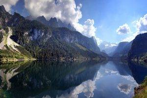 lake, Mountain, Forest, Austria, Reflection, Cliff, Clouds, Water, Summer, Nature, Landscape