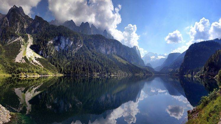 lake, Mountain, Forest, Austria, Reflection, Cliff, Clouds, Water, Summer, Nature, Landscape HD Wallpaper Desktop Background
