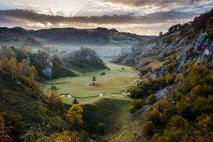 fall, Sunrise, Mountain, Valley, Mist, Grass, Romania, Trees, Clouds, Creeks, Nature, Sun Rays, Landscape
