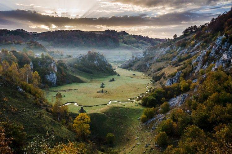 fall, Sunrise, Mountain, Valley, Mist, Grass, Romania, Trees, Clouds, Creeks, Nature, Sun Rays, Landscape HD Wallpaper Desktop Background