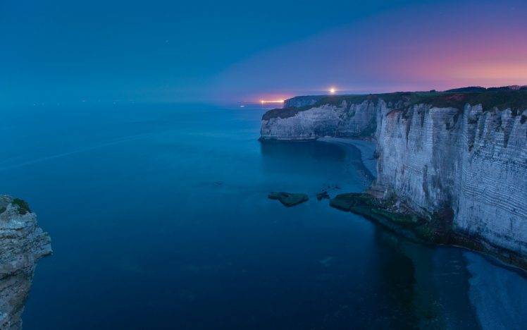 cliff, Beach, Sea, Lights, Blue, Coast, Evening, Nature, Landscape HD Wallpaper Desktop Background