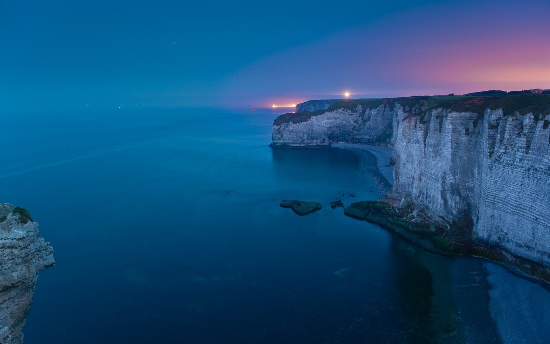 cliff, Beach, Sea, Lights, Blue, Coast, Evening, Nature, Landscape Wallpaper