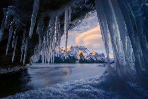 cave, Ice, Mountain, Winter, Sunrise, Snowy Peak, Lake, Banff National Park, Canada, Nature, Landscape