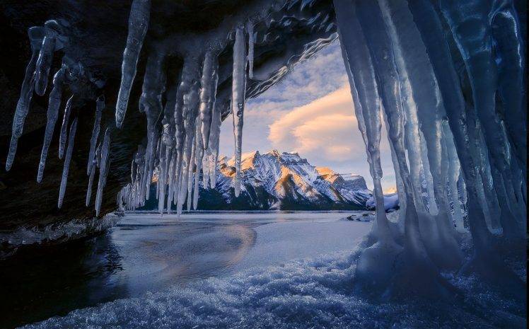 cave, Ice, Mountain, Winter, Sunrise, Snowy Peak, Lake, Banff National Park, Canada, Nature, Landscape HD Wallpaper Desktop Background