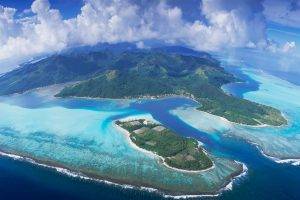 aerial View, Panoramas, Bora Bora, Atolls, Tropical, Clouds, Sea, Mountain, Beach, Nature, Landscape
