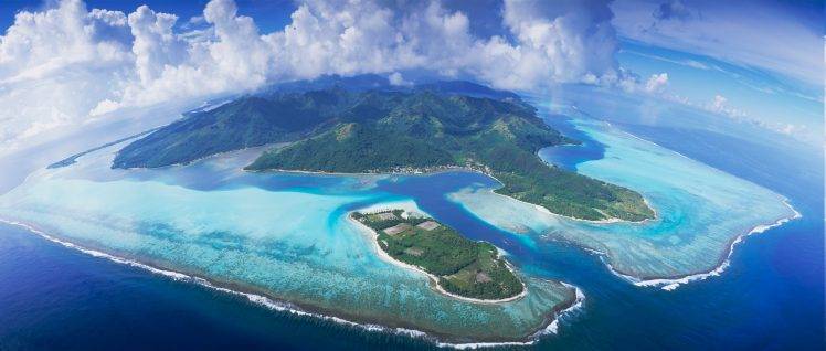 aerial View, Panoramas, Bora Bora, Atolls, Tropical, Clouds, Sea, Mountain, Beach, Nature, Landscape HD Wallpaper Desktop Background