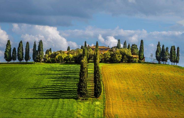 Tuscany, Italy, Field, Trees, Villages, Clouds, Spring, Green, Nature, Landscape HD Wallpaper Desktop Background