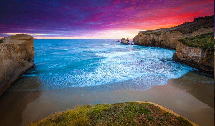 sunset, Cliff, Beach, Sea, Grass, Clouds, Coast, Water, Blue, Red, Nature, Landscape HD Wallpaper Desktop Background