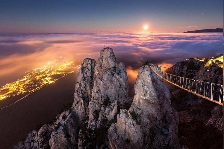 moonlight, Mountain, Crimea, Yalta, Mist, Night, Cliff, Cityscape, Nature, Landscape, Ukraine HD Wallpaper Desktop Background