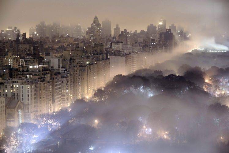 mist, Cityscape, New York City, Building, Trees, Lights, Night, Landscape, Urban HD Wallpaper Desktop Background