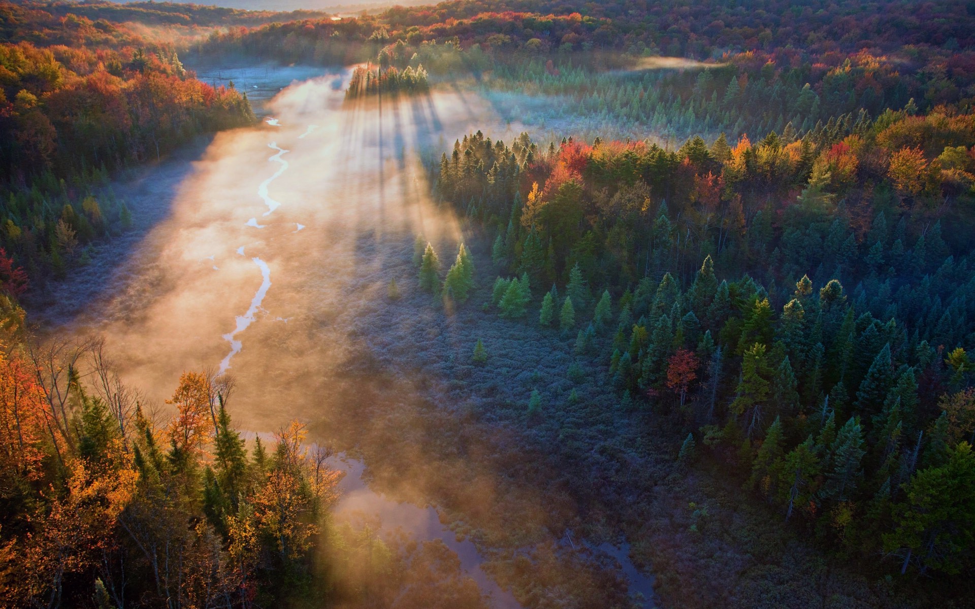 forest, Mist, Sunrise, Trees, Field, River, Sun Rays, Fall, Aerial View, Nature, Landscape Wallpaper