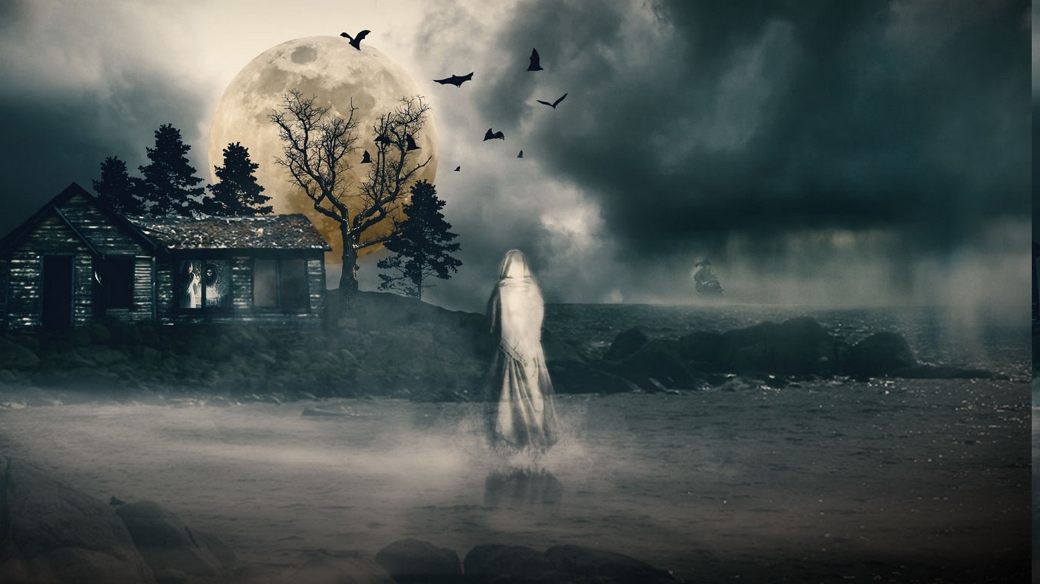 Halloween, Digital Art, Ghost, Mist, Trees, Dead Trees, Moon, Clouds, Bats, Coast, Landscape, Spooky Wallpaper