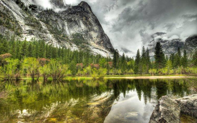 nature, HDR, Landscape, Lake, Mountain, Trees, Clouds, Stones, Reflection HD Wallpaper Desktop Background